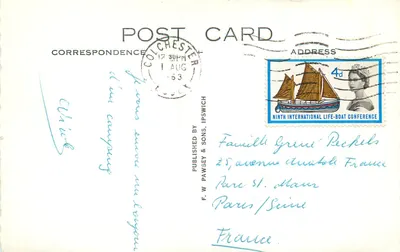 West Mersea — vista aérea do porto com muitos barcos a vela — F.W. Pawsey & Sons, PN4649 — Verso