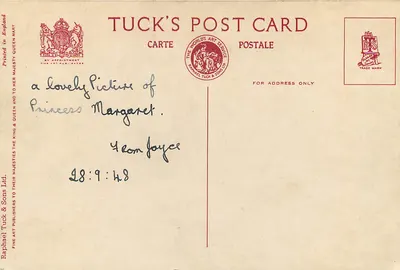 Princessa Margaret — w sukni z krochmalnymi plamkami — wydane przez Raphael Tuck & Sons Ltd. — Rewers