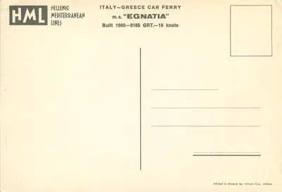Nowoczesna pocztówka Włochy Grecja Ferry ms Egnatia zbudowana 1960 6185 grt 18 węzłów Statek — Rewers