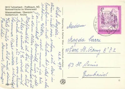 Tullnerbach-Pressbaum, NÖ. — Panoramiczny widok z mostem, kościołem, Norbertinum i krajobrazem — Fotoverlag A. Kellner Wien — Rewers
