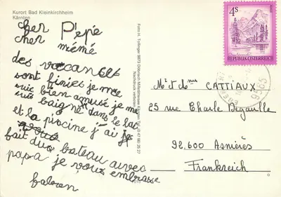Bad Klein-Kirchheim — alpejskie wiosko z kościołem i ozdobnym wejściem — Foto H. Tollinger, nr 9873 — Rewers