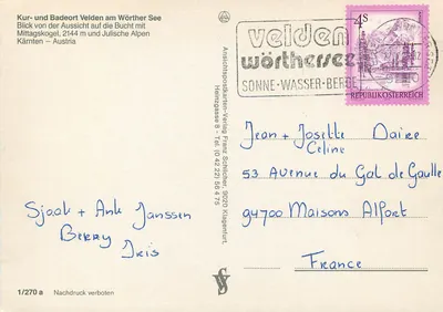 Velden am Wörther See — uitzicht op het meer en de Juliënen Alpen — uitgever Sonne-Wasser-Berge, n° 1/270 a — Achterkant