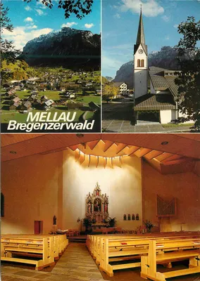 Mellau im Bregenzerwald — vista do vilarejo, da igreja e do interior — Foto Diacenter H. Häusle