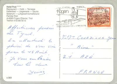 Hotel Post — Fügen, Zillertal, Tirol — wydawca nieznany, nr serii c 353 — Rewers