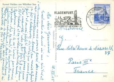 Kurort Velden am Wörther See — widok jeziora z górami i jachtami — wydawca Klagenfurt — Rewers