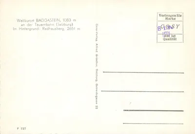 Badgastein — vista panorâmica — Cosy-Verlag, Alfred Gründler, Salzburgo, série F 727 — Verso