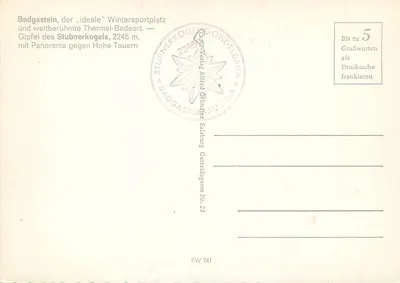 Paisagem de montanha nevada — Badgastein, Stubnerkogel, Alta Tauern — editor Verlag Alfred Gründler, n° 22 — Verso