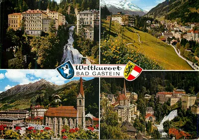 Bad Gastein — vista panorâmica com castelo, cascata, igreja e montanhas — editor Farbbaufnahme u. Verlag Bad Gastein, n°1