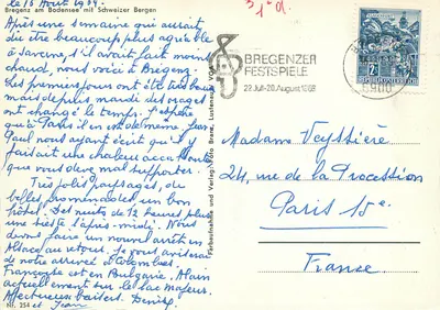 Bregenz no Lago de Constança com montanhas suíças — Bregenzer Festspiele 1969 — Färbaufnahme und Verlag, Número 254 — Verso