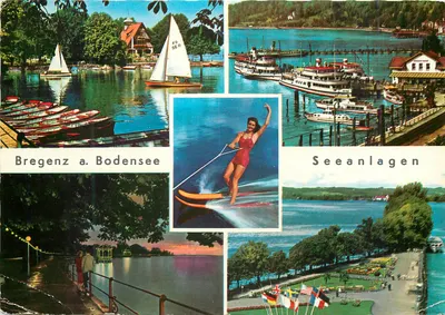 Bilhete postal moderno Bregenz am Bodensee Instalações do Lago Esqui Aquático