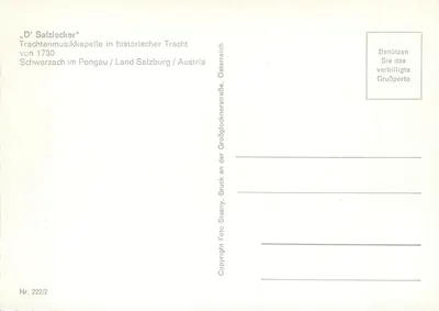 „D’ Salzlecker“ — Trachtenmusikkapelle w stroju historycznym — Photo Stasny, Nr. 222/2 — Rewers