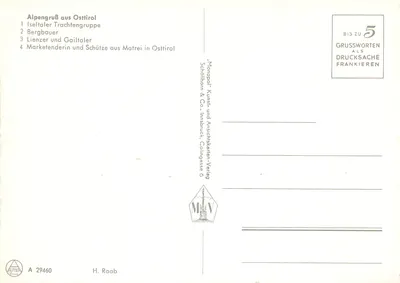 Alpengruß z Osttirolu — Iseltaler Trachtengruppe, Bergbauer, Lienzer und Gailtaler, Marketenderin und Schütze aus Matrei — wydawca Monopol Kunst- und Ansichtskarten-Verlag Schöllhorn & Co., Innsbruck — Rewers