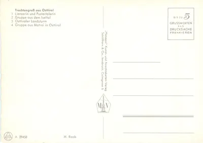 Trachtengruß z Osttirolu — Trachtentradycje i krajobrazy — Monopol Kunst- und Ansichtskarten-Verlag, Innsbruck — Rewers