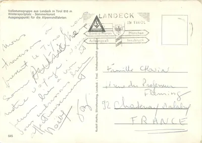 Folklore Group in Landeck — Tyrol, Alps — publisher Rudolf Mathis, no. 645 — Back