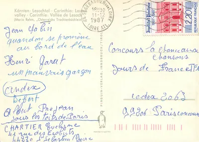 Dzieci w tradycyjnym stroju austriackim — Kärnten: Lesachthal — wydawca Pinguin-Verlag, Imprint Austria — Rewers