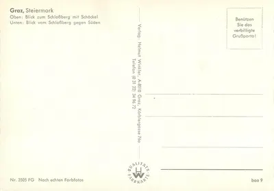 Graz, Steiermark — uitzicht op de Schloßberg met Schöckel — uitgever Helmut Winkler, n° 3505 FG — Achterkant