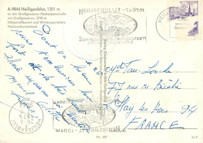 Heiligenblut — alpejskie wioski z kościołem i zasnieżonymi górami — wydawca Sommerherberg Wintersport am Großglockner, nr 397 — Rewers
