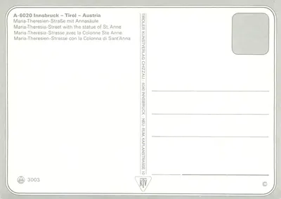 Innsbruck – Tirol – Áustria — Maria-Theresien-Straße com a Coluna de Santa Ana — editor Tiroler Kunstverlag ChizziAU — Verso