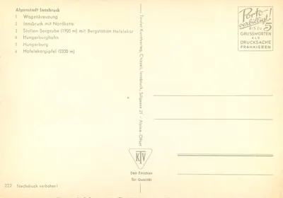 Innsbruck — Nordkettenbahn — editor Tiroliker Kunstverlag, Chitzell — Verso