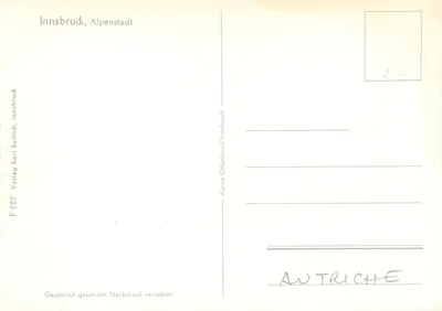 Innsbruck, Alpenstadt — vista panorâmica e rua com trem — editor Alpina, n° F 222 — Verso