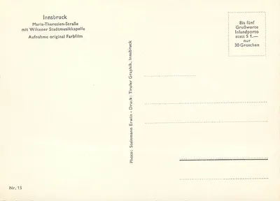 Innsbruck — Maria-Theresien-Straße com a Capela da cidade de Wiltener — Foto: Erwin Steinmann, Impressão: Tiroler Graphik, Innsbruck, n°15 — Verso