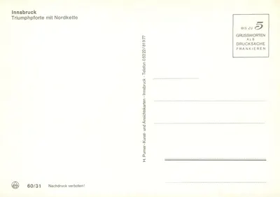 Innsbruck — Triumphpforte z Północną Kajetą — H. Pürner, n° 60/31 — Rewers