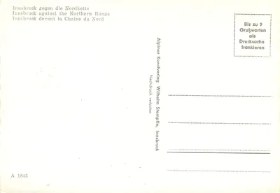 Innsbruck przed łańcuchem Północnym — Alpiner Kunstverlag Wilhelm Stempfle, Innsbruck — nr seryjny A 1845 — Rewers