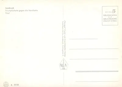 Innsbruck — Triumphpforte contra a Nordkette — Monopol Kunst- und Ansichtskarten Verlag — Verso