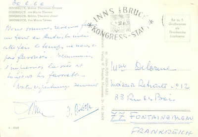 Innsbruck — Plac Maria-Theresia z zasnieżonymi górami — Verlag W. Stempfle, nr 4068 — Rewers