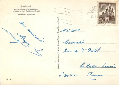 Innsbruck — Herzog-Friedrich-Straße com o Stadt­turm e o dômer dourado — Foto Steinmann Erwin, n°6 — Verso