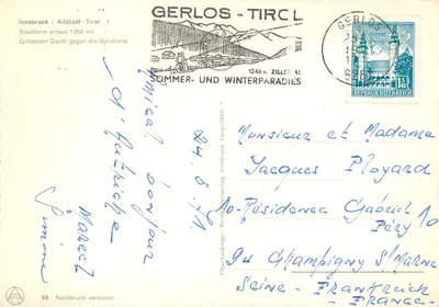 Innsbruck — Torre da cidade com montanhas no fundo — Alpina Postkartenverlag, n°68 — Verso