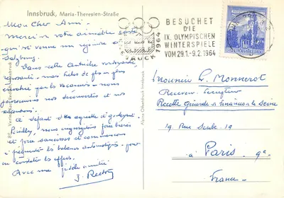 Innsbruck — Maria-Theresien-Straße com trem e montanhas — editor Alpina Offsetdruck — Verso