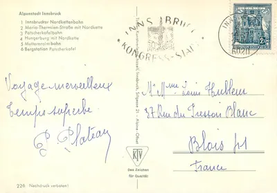 Innsbruck — com suas montanhas e suas estações de teleférico — Alpenstadt Innsbruck, KONGRESS-STADT, editor KTV — Verso