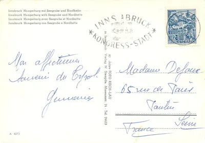 Innsbruck - Hungerburg com Seegrube e Nordkette — Verlag W. Stempfe, n° A 4073 — Verso