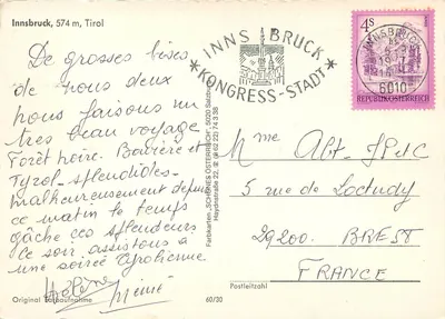 Innsbruck — widok panoramiczny, Nordkettenbahn, Hungerburgbahn, alpejskie kwiaty — wydawca Haydankarten, nr 60/30 — Rewers