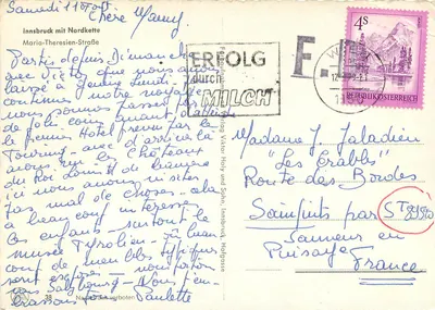 Innsbruck z Nordkette — widok z ulicy Maria-Theresien-Straße — wydawca Vikt. Holy und Sohn — Rewers