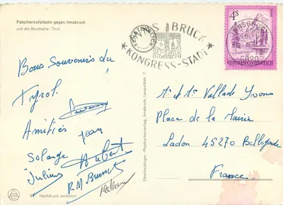 Powitania z Tyrolu — Patscherkofelbahn w kierunku Innsbruck i Nordkette — wydawca Oberhaideringer Postkartenverlag, nr 65 — Rewers