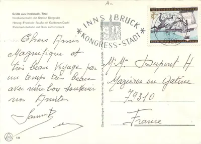 Innsbruck, Tyrol — widok panoramiczny z teleferykiem i herbem — Oberhaideringer Postkartenverlag — Rewers