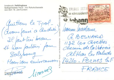 Innsbruck: Helblinghaus — fachada rococó do século XVIII — H. Purner, Nr. 60/39 — Verso