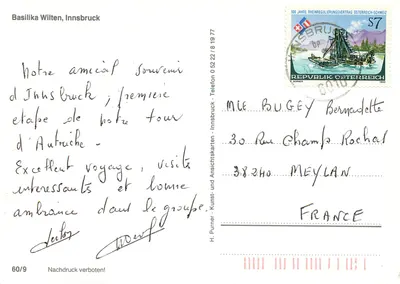 Basílica Wilten — Innsbruck — editor H. Purner, n° 60/9 — Verso