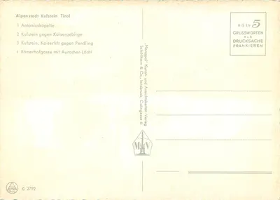 Alpenstadt Kufstein, Tyrol — widok panoramiczny z Antoniuskapelle, Kaiserlift i Römerhofgasse — wydawca Monopol Kunst- und Ansichtskarten-Verlag Schöllhorn & Co., Innsbruck — Rewers