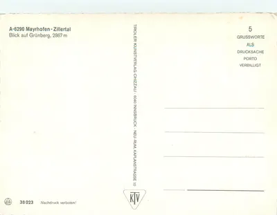 Mayrhofen — vista do Grünberg — editor Tirolien Kunstverlag Chizzal — Verso
