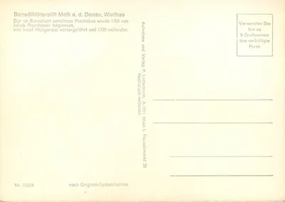 Mosteiro Benediktinerstift Melk na margem do Danúbio, Wachau — editor P. Ledermann, n° 76384 — Verso