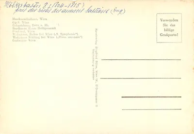 Ludwig van Beethoven — Gedenk-Karte — Kunstverlag Siegfried Böhm, Viena — Verso