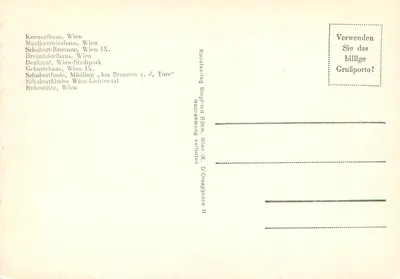 Franz Schubert — Carta comemorativa — Kunstverlag Siegfried Böhm, Viena IX — Verso