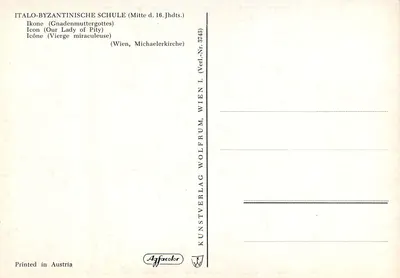 Virgem milagrosa — escola italo-bizantina do meio do século XVI — Kunstverlag Wolfrum, Viena, n° 3748 — Verso