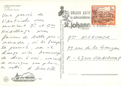 St. Johann in Tirol — widok panoramiczny z zasnieżonymi górami — wydawca Alpina, nr 6380 — Rewers