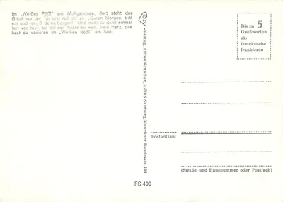 St. Wolfgang — vista do lago e das montanhas — editor Alfred Gründler, FS 490 — Verso