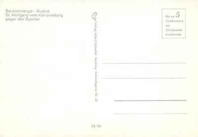 Salzkammergut - Áustria — Vista de St. Wolfgang do Monte do Calvário contra o Sparber — Editor Alfred Gründler Salzburg — Verso