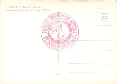 St. Wolfgang — wieś przy jeziorze z Schafbergem na tle — wydawca Albrecht Grünauer, nr FS 87 — Rewers